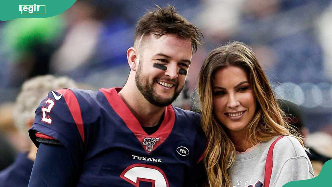 AJ McCarron and his wife, Katherine Webb-McCarron, at NRG Stadium in Houston, Texas AJ McCarron and his wife, Katherine Webb-McCarron, at NRG Stadium in Houston, Texas