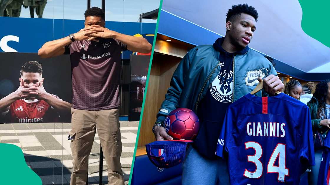Giannis Antetokounmpo doing the Gyokores celebration in 2026 and with a Paris Saint-Germain jersey with his name at Parc des Princes in 2020. Photo by Aurelien Meunier