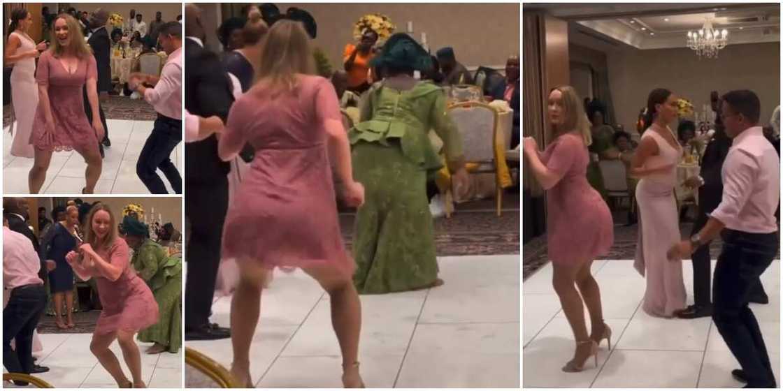 Oyinbo lady on heels and short gown wows wedding guests as she twerks in viral video Oyinbo lady on heels and short gown wows wedding guests as she twerks in viral video