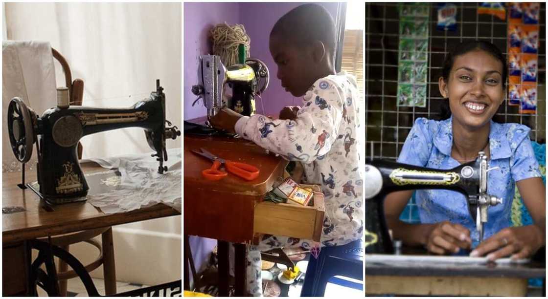 Little boy displaying amazing skills on sewing machine.