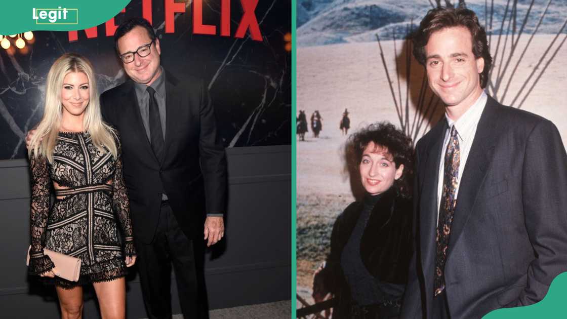 Split image of a man in a black suit beside a blonde woman in lace, and the same man younger beside a dark-haired woman.