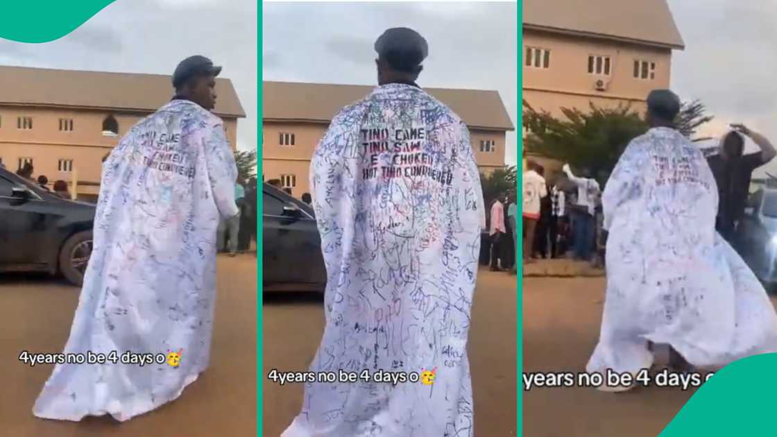 Man shows how he dressed to his sign-out day in school.