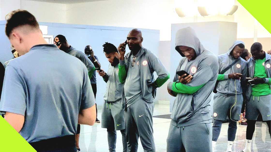 Nigeria Super Eagles players are photographed at Al Abraq airport