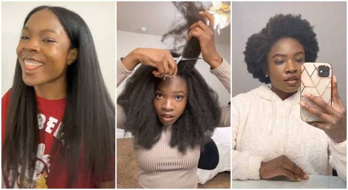 Black lady with long hair, Seun Okimi rips hair with scissors. Black lady with long hair, Seun Okimi rips hair with scissors.