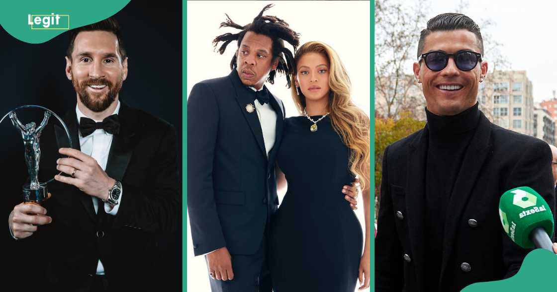 Lionel Messi (L), Jay Z and Beyonce (C) and Cristiano Ronaldo (R) pose in different locations