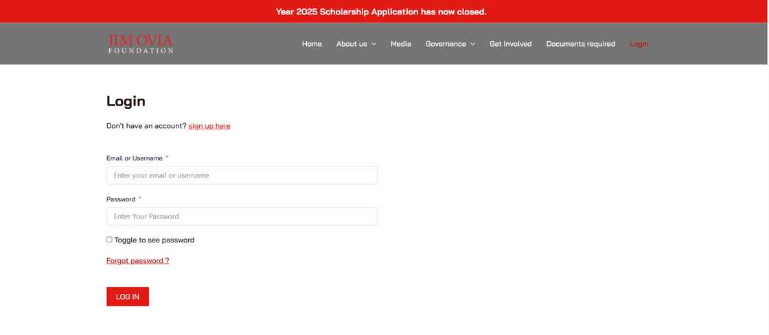 The Jim Ovia Scholarship application login page