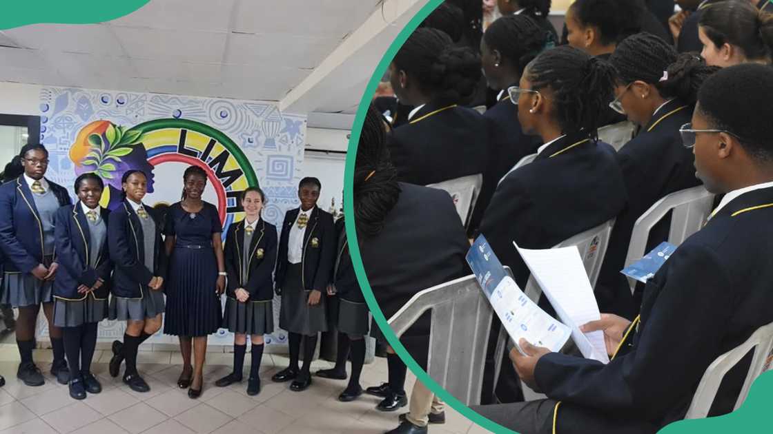 Students from the Children International School Lekki standing during an event and sitting during a university expo Students from the Children International School Lekki standing during an event and sitting during a university expo