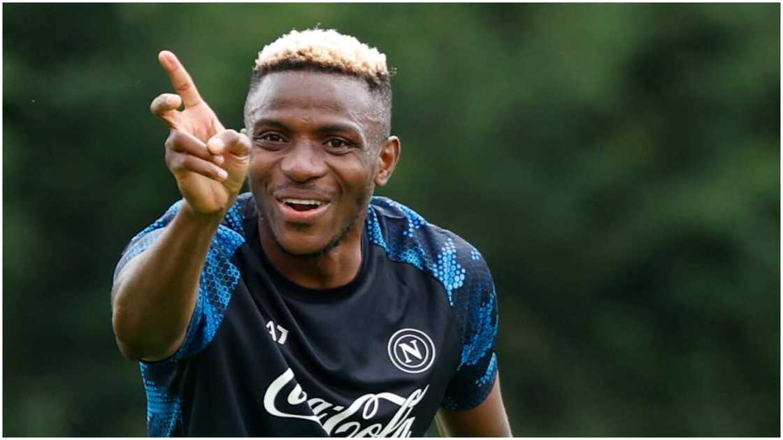 Victor Osimhen in joyous mood at Napoli training. Victor Osimhen in joyous mood at Napoli training.