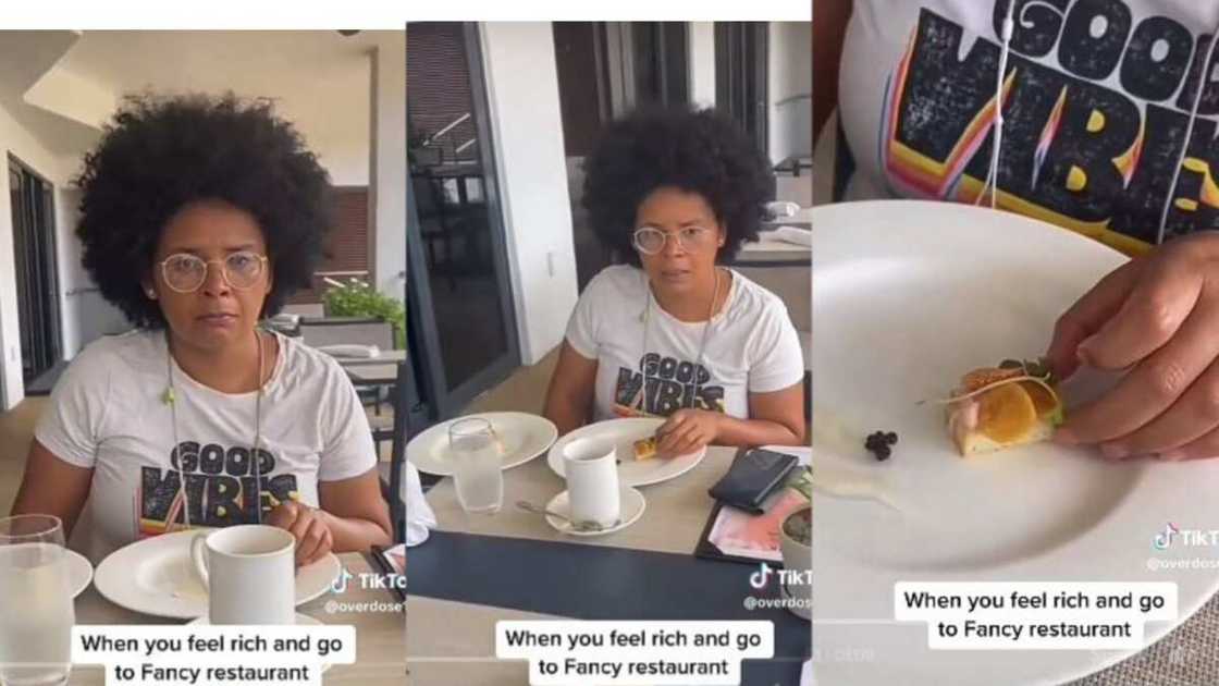 Woman surprised with the quantity of meal Woman surprised with the quantity of meal