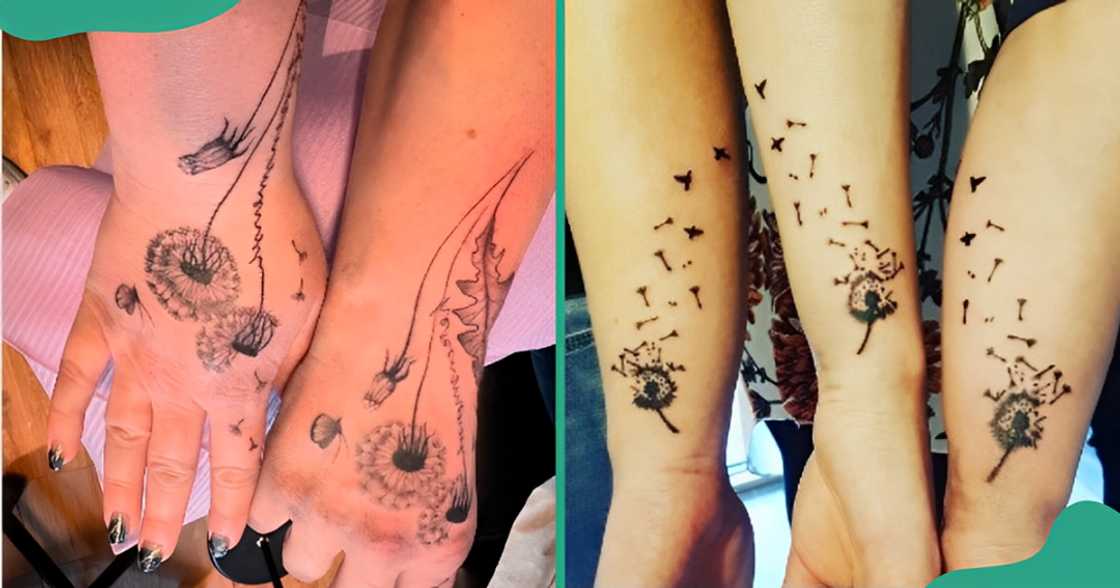 Similar friendship dandelion tattoos on the hands (L) and forearms (R). Similar friendship dandelion tattoos on the hands (L) and forearms (R).