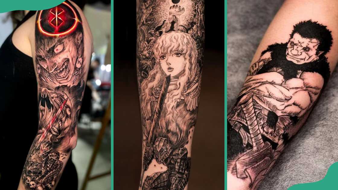 Guts (L), Griffith (C), and Zodd (R) tattoos are among the gorgeous Berserk tattoo ideas