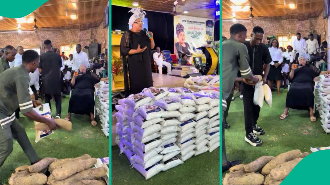 Mixed reactions trail video of prophetess sharing bags of rice and yams to her church members