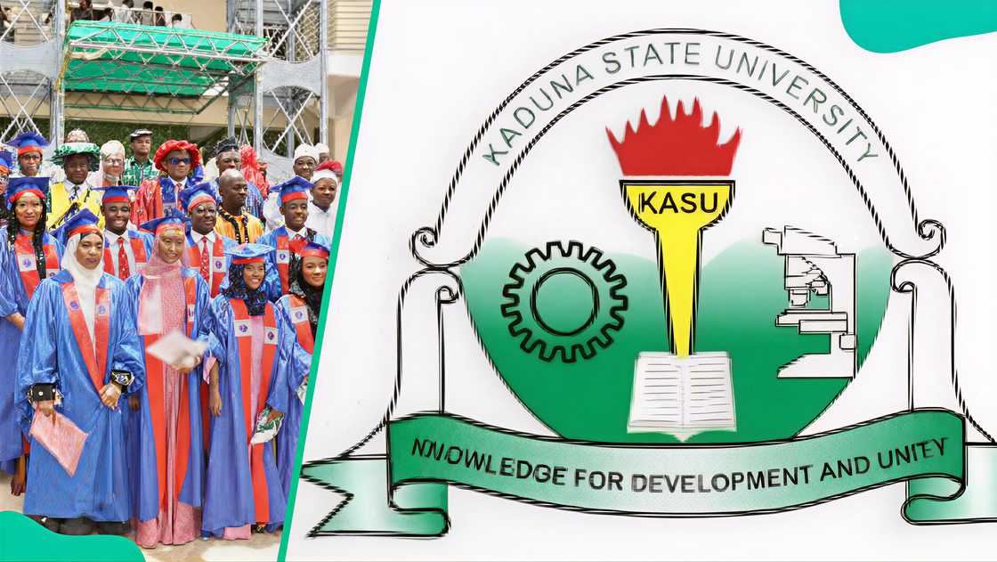 Kaduna State University graduands and logo.