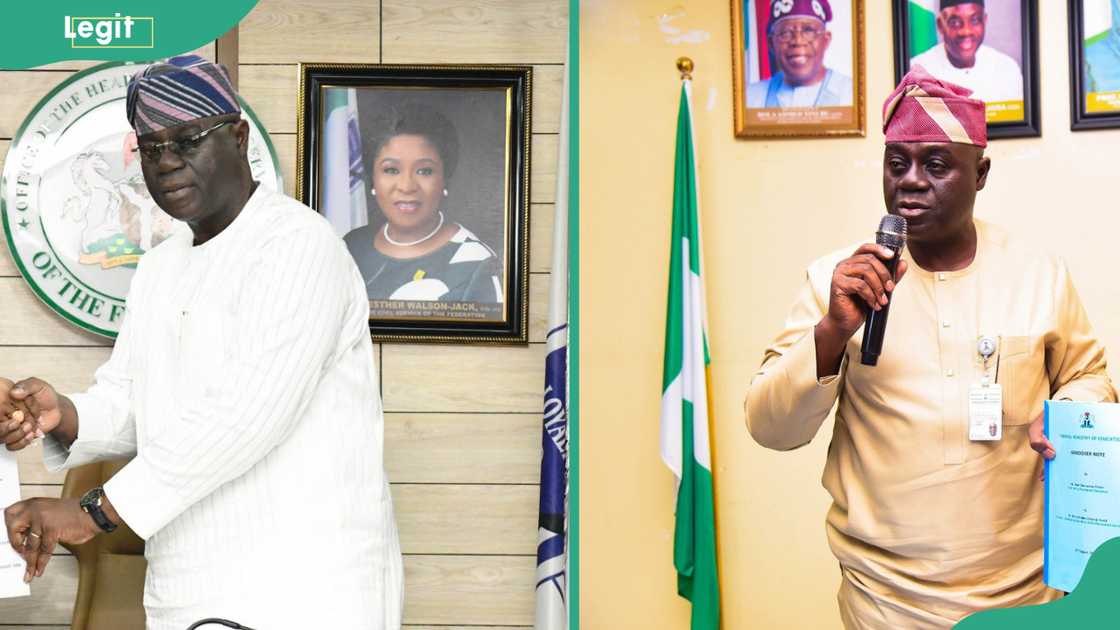 Two-panel photo of a man in traditional Yoruba attire, one in white standing by a portrait, one in gold speaking into a microphone.
