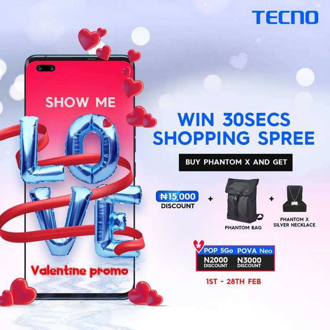 21 Lucky Users to Win a 30 Seconds Shopping Spree on the TECNO Valentine Show Me Love Promo 21 Lucky Users to Win a 30 Seconds Shopping Spree on the TECNO Valentine Show Me Love Promo