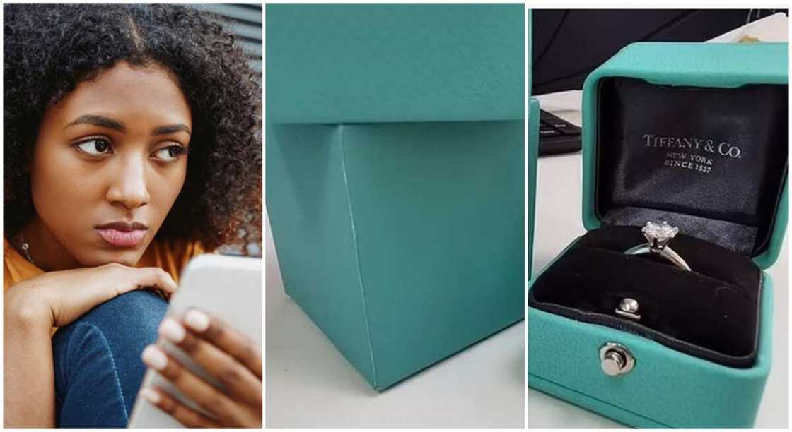 Photos of a Tifanny engagement ring put up for sale on Facebook by an Australian lady. Photos of a Tifanny engagement ring put up for sale on Facebook by an Australian lady.