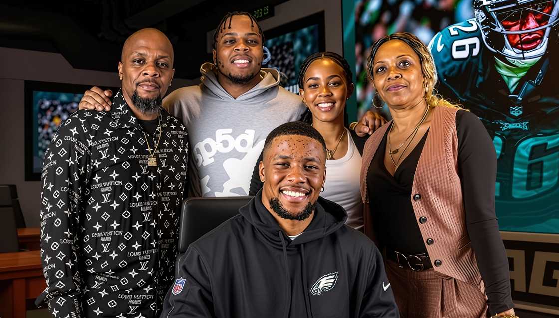 Alibay Barker, Tonya Johnson, their son Saquon Barkley, pose with other family members.