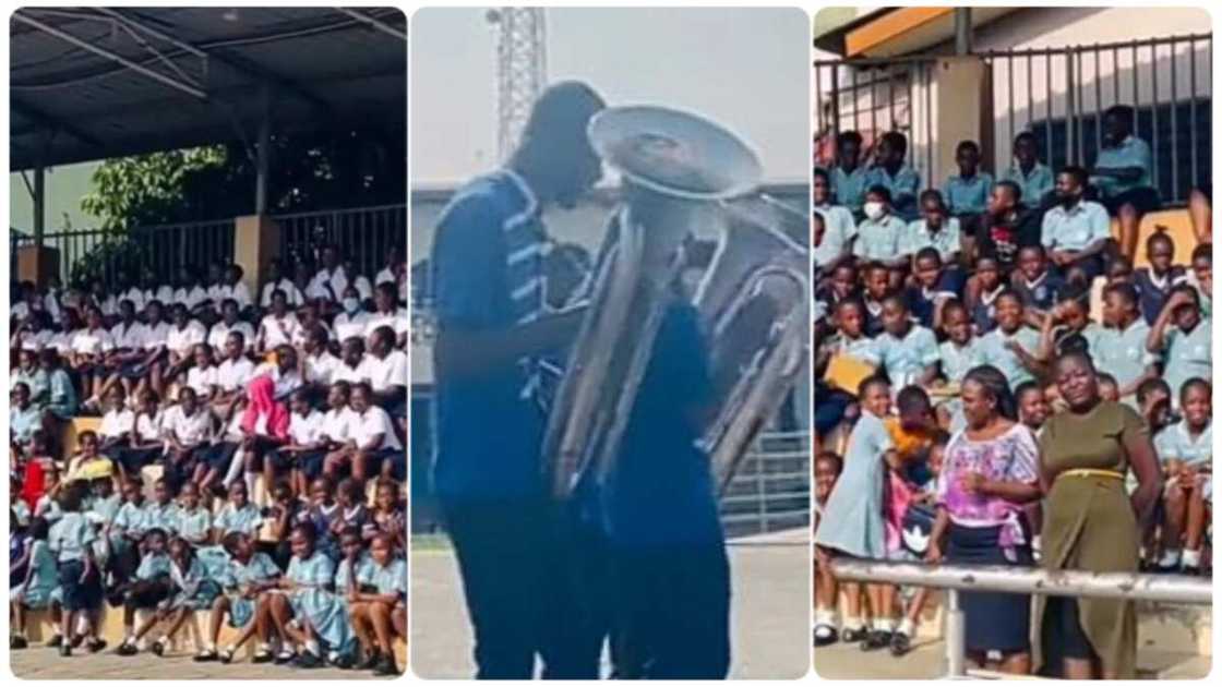 Photo of school children and saxophonists Photo of school children and saxophonists