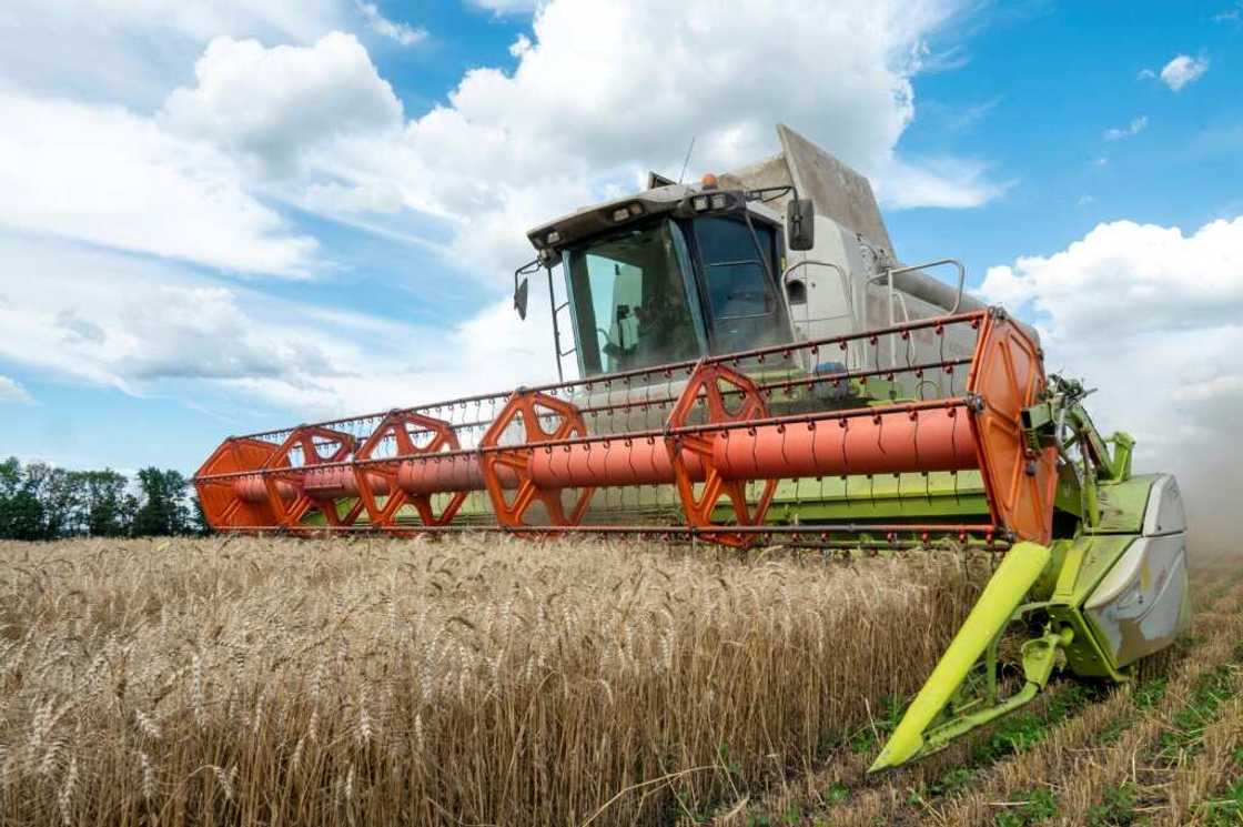 Farmers harvest a wheat field in the Ukrainian Kharkiv region on July 19, 2022, amid Russian invasion of Ukraine Farmers harvest a wheat field in the Ukrainian Kharkiv region on July 19, 2022, amid Russian invasion of Ukraine