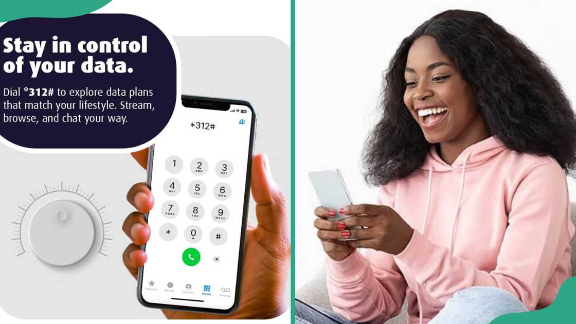 A hand holding a phone dialing *312# and a smiling woman looking at her smartphone