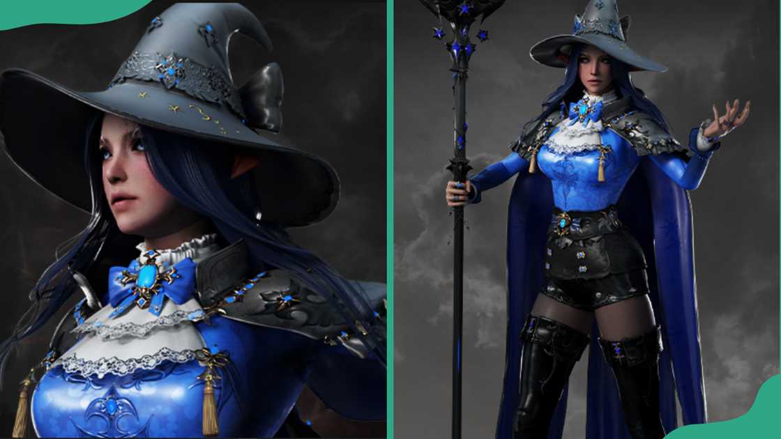 Sorceress in a hat casting magic (L). Sorceress holding staff in battle stance (R). Sorceress in a hat casting magic (L). Sorceress holding staff in battle stance (R).