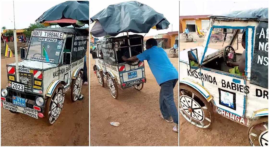 Photos of a man pushing a small jeep.