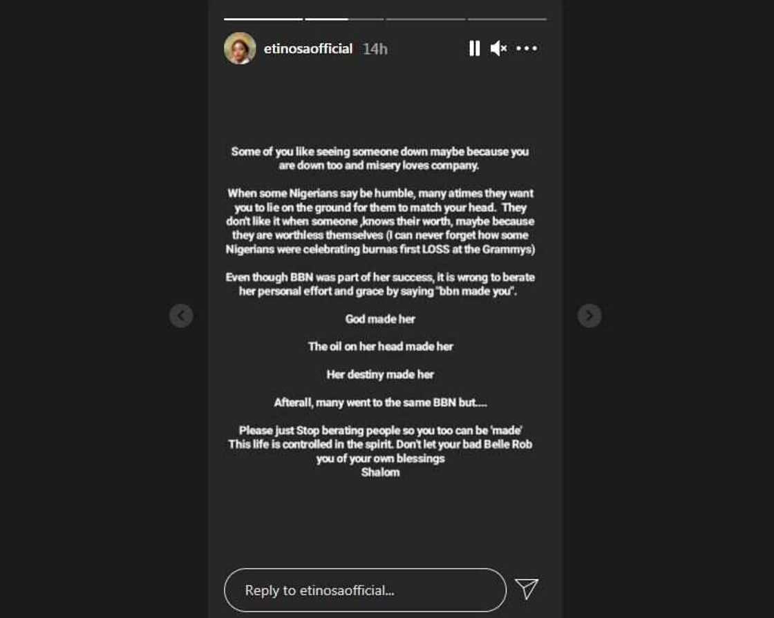 It’s Wrong to Say BBNaija Made Tacha, God Made Her: Controversial Actress Etinosa Defends Reality Star It’s Wrong to Say BBNaija Made Tacha, God Made Her: Controversial Actress Etinosa Defends Reality Star