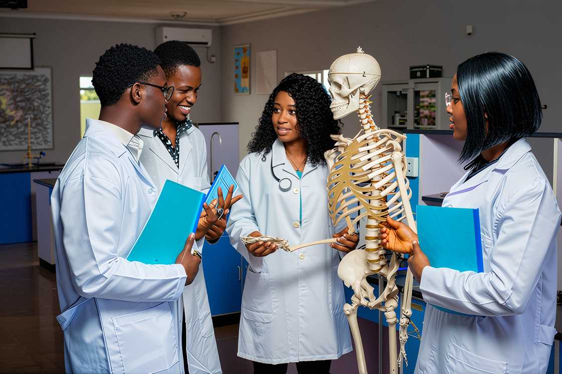 Students in lab coats learning the human skeleton Students in lab coats learning the human skeleton