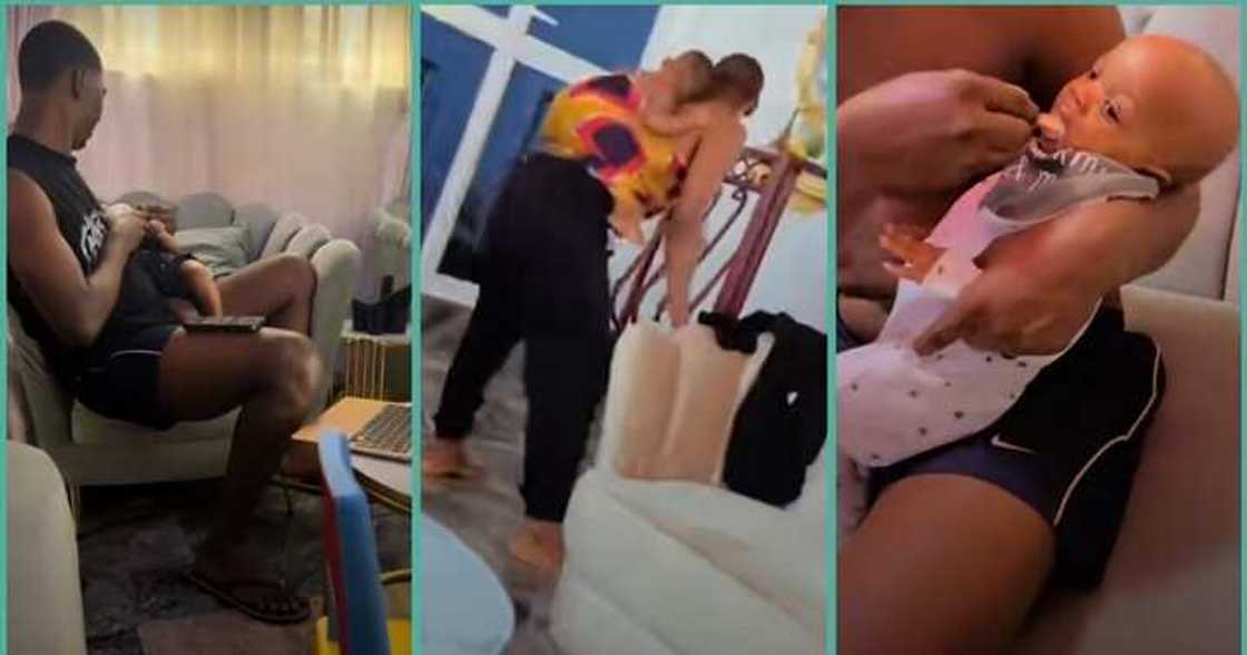 Lazy wife films husband taking care of their baby Lazy wife films husband taking care of their baby