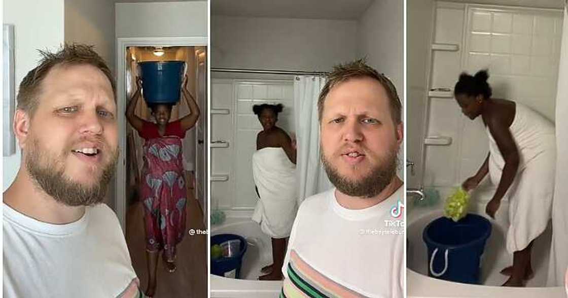 Oyinbo Man stunned, wife ignores shower, bucket of water Oyinbo Man stunned, wife ignores shower, bucket of water