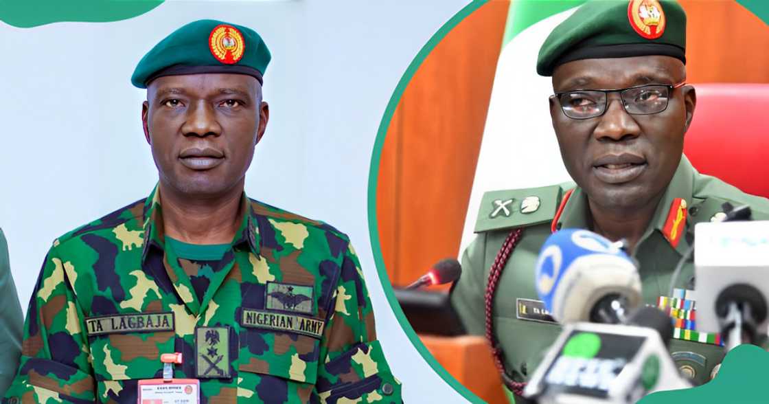 Lieutenant General Taoreed Abiodun Lagbaja poses in army fatigues against a white background (L). The serviceman is pictured sitting during a media conference (R).