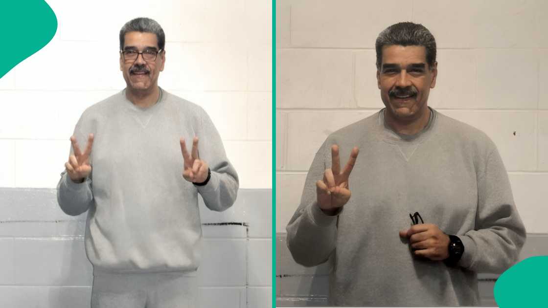 Maduro detention photos circulate online, showing the former president dressed casually and flashing peace signs.