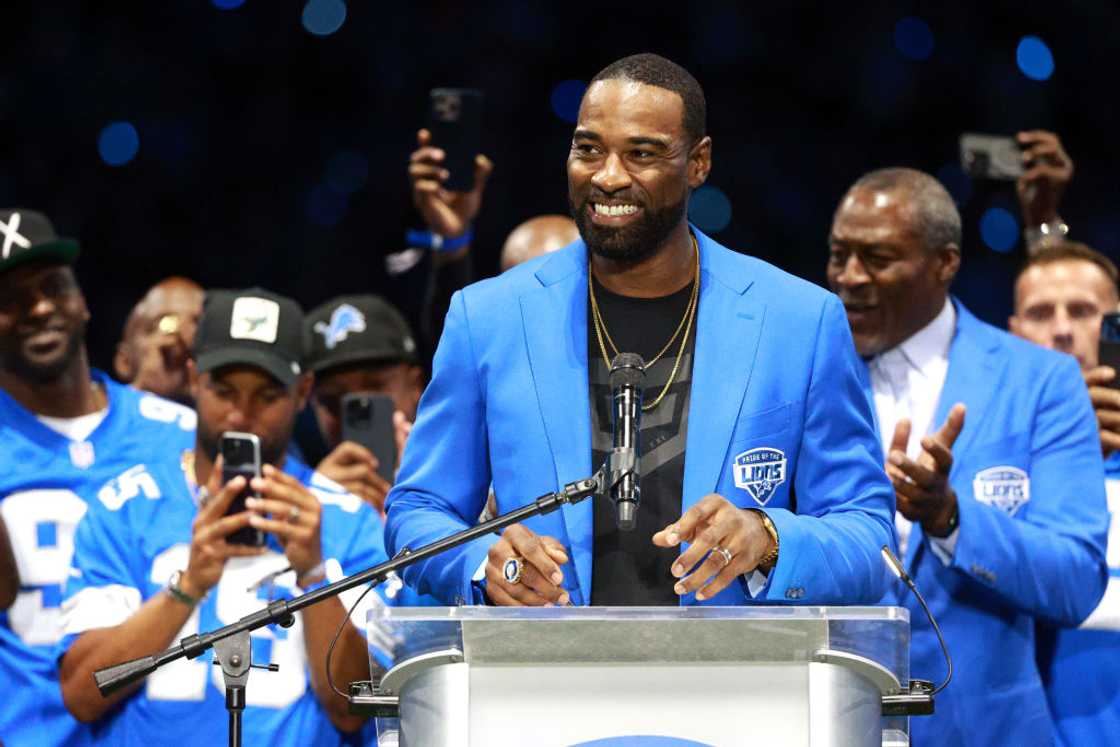 Former Detroit Lions player Calvin Johnson Jr. speaks during the ceremony honoring