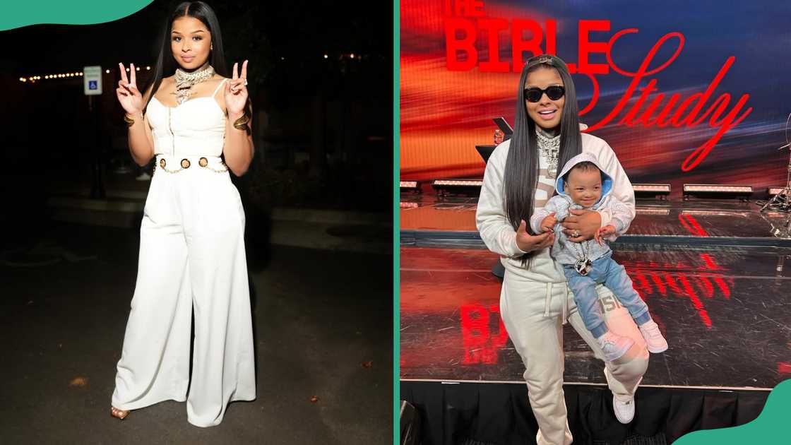 Chrisean Rock in white attire attends an event (L). The rapper poses for a picture while holding her son (R) Chrisean Rock in white attire attends an event (L). The rapper poses for a picture while holding her son (R)
