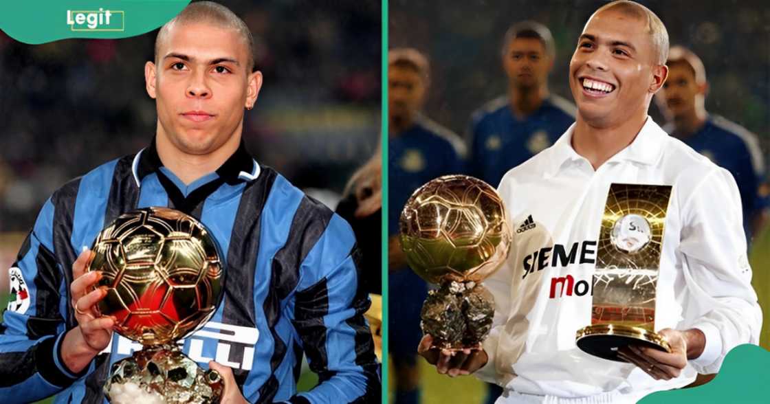 Ronaldo poses while standing with his first Ballon d'Or trophy on a football field (L). The footballer laughs as he poses with his Golden Ball and FIFA World Player of the Year awards (R).