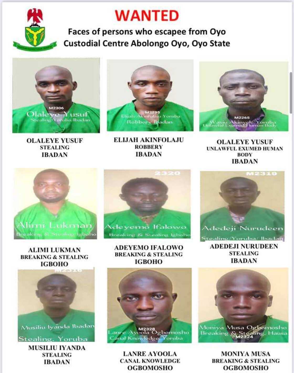 FG releases names, pictures of escaped inmates from Oyo prison