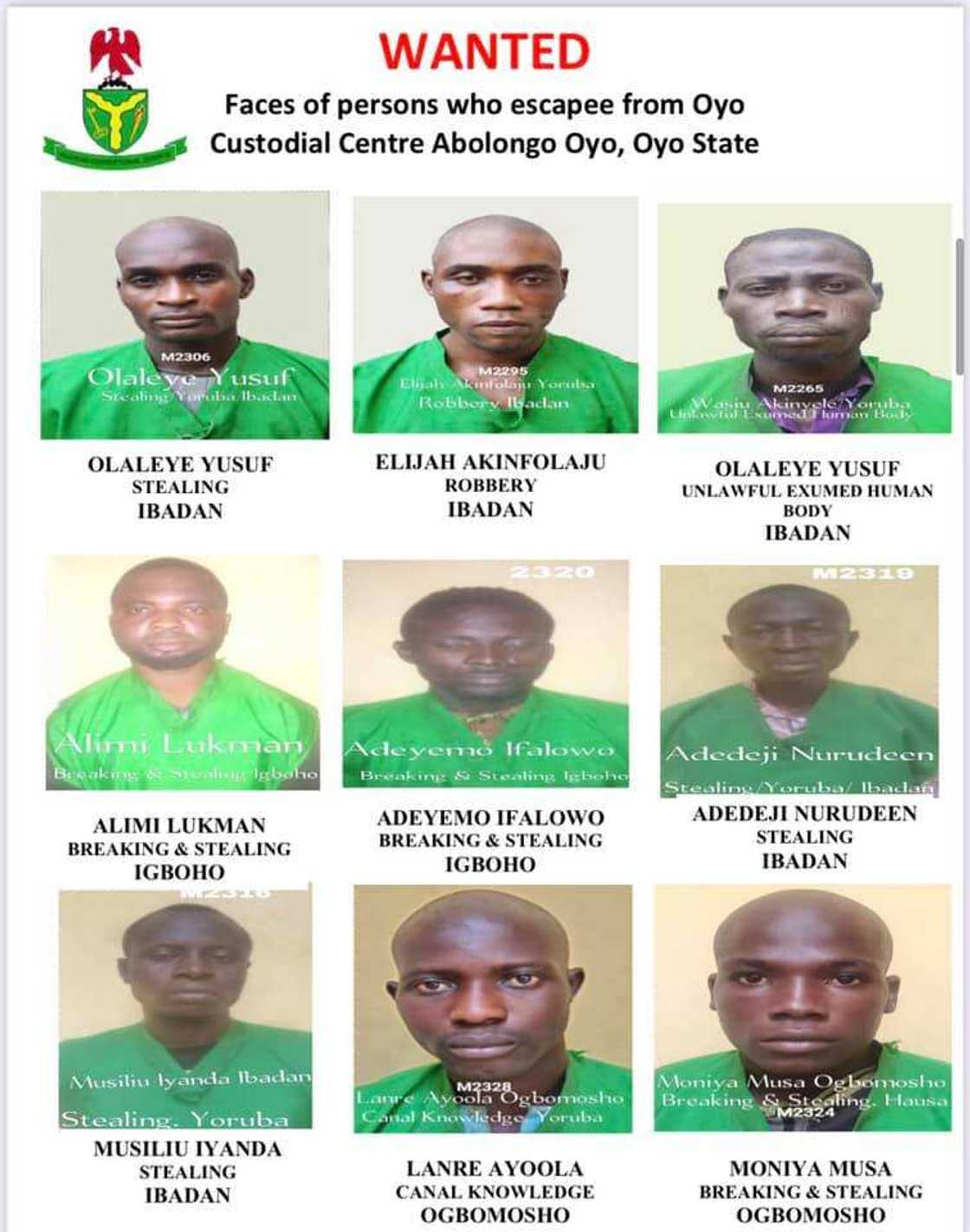 FG releases names, pictures of escaped inmates from Oyo prison FG releases names, pictures of escaped inmates from Oyo prison