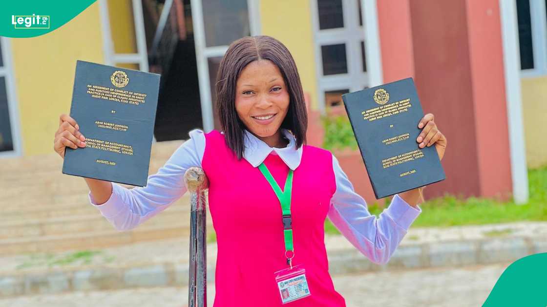A lady celebrates as she does her final year project defence, marking her graduation from Kogi State Polytechnic. A lady celebrates as she does her final year project defence, marking her graduation from Kogi State Polytechnic.