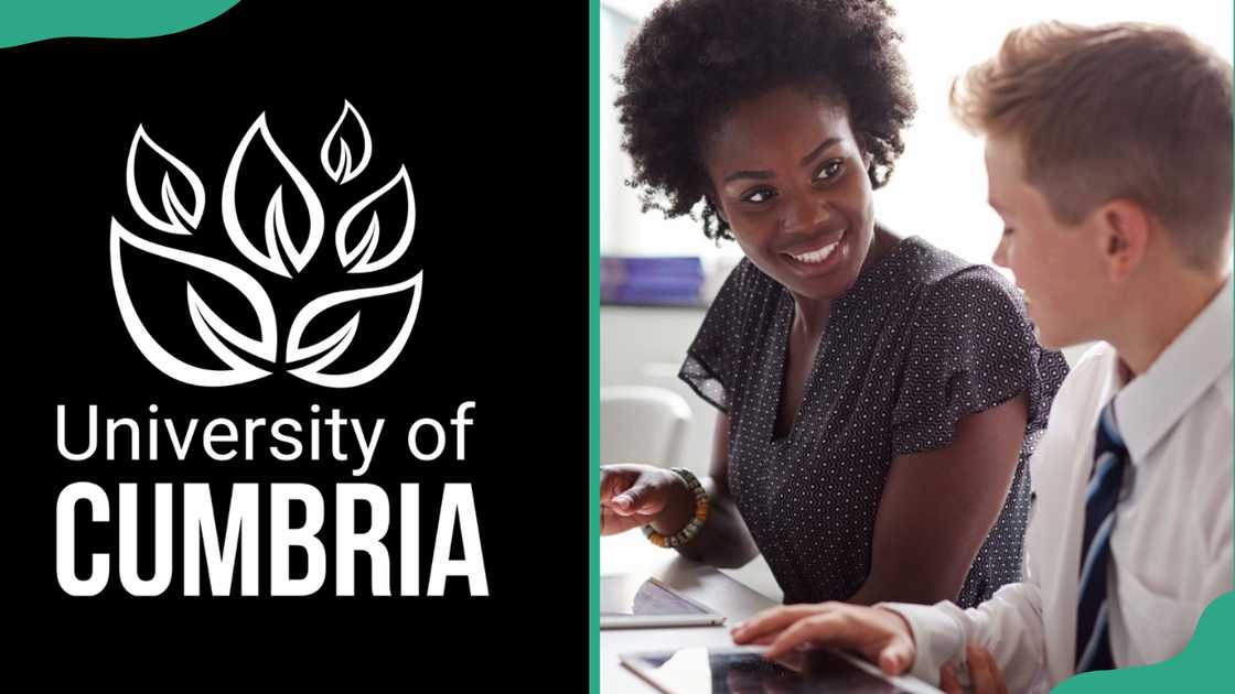 University of Cumbria logo (L) and two university students in class (R) University of Cumbria logo (L) and two university students in class (R)