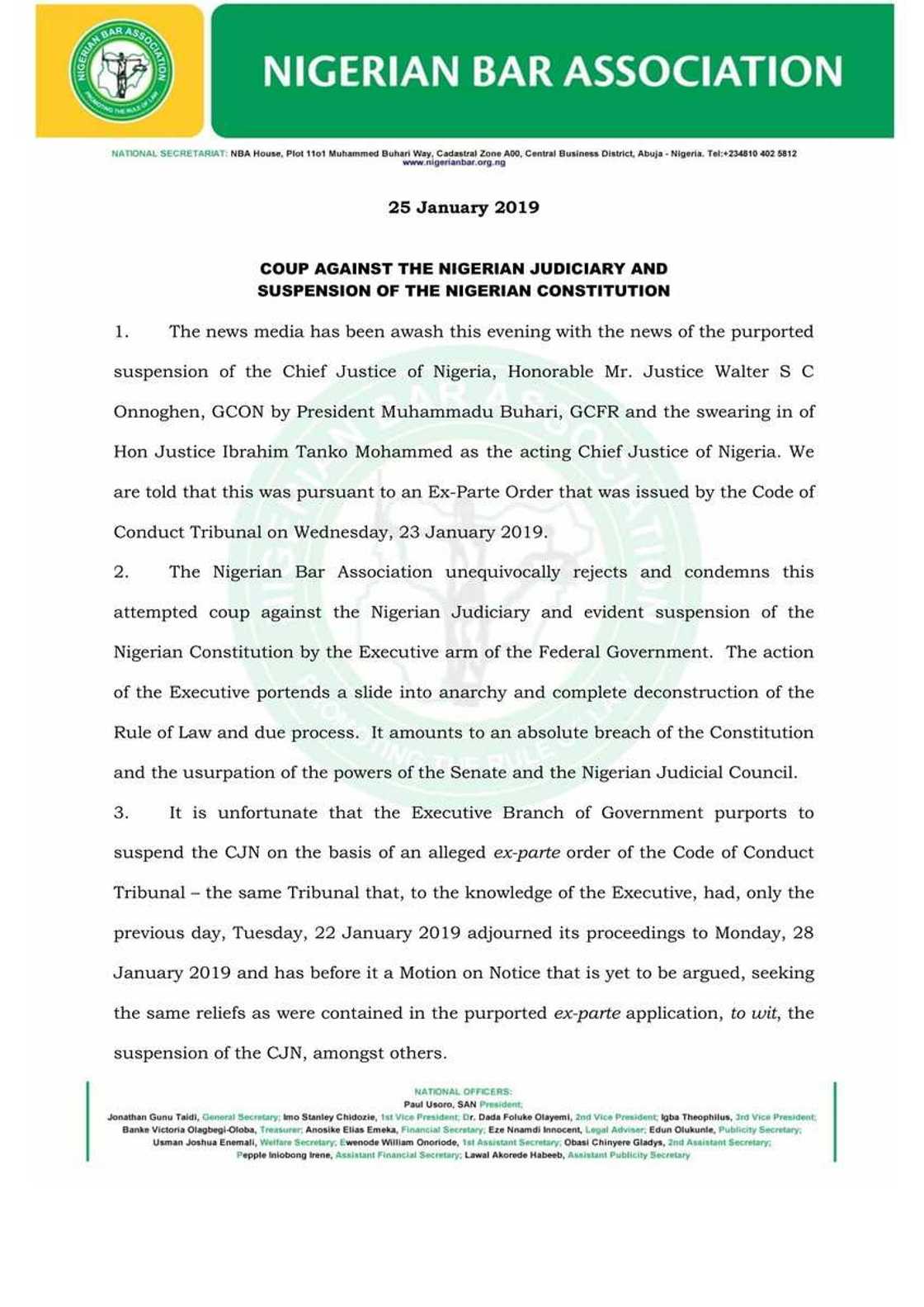 CJN’s suspension is a coup, reverse it immediately - NBA chides FG (full statement) CJN’s suspension is a coup, reverse it immediately - NBA chides FG (full statement)