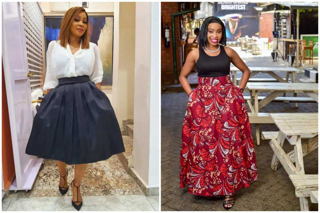 Two ladies showcasing different damask maxi skirts Two ladies showcasing different damask maxi skirts