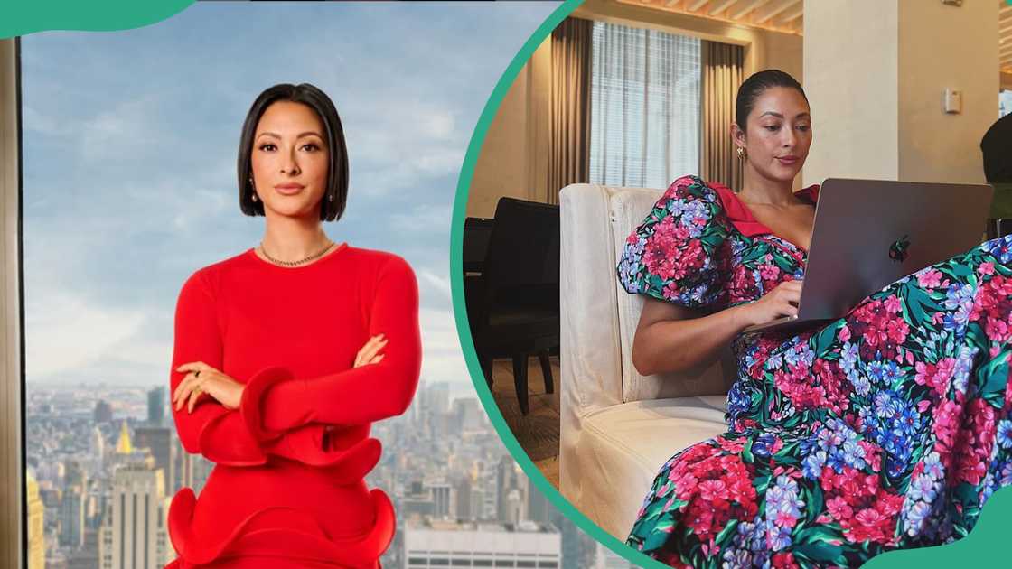 Jordyn Taylor posing in a red dress with arms folded (L). Jordyn Taylor sitting on a couch holding a laptop (R). Jordyn Taylor posing in a red dress with arms folded (L). Jordyn Taylor sitting on a couch holding a laptop (R).