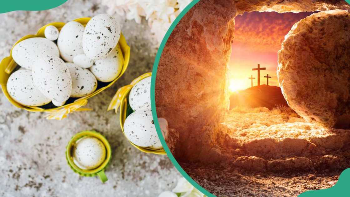 Flat lay quail eggs in yellow buckets (L) and Empty tomb of Jesus at sunrise with crosses in background (R) Flat lay quail eggs in yellow buckets (L) and Empty tomb of Jesus at sunrise with crosses in background (R)