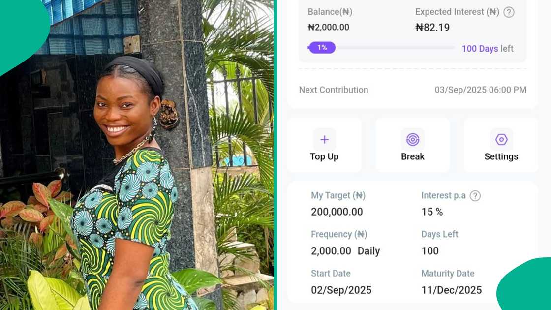 Lady using OPay target savings shows amount she was paid as interest for saving N2k everyday