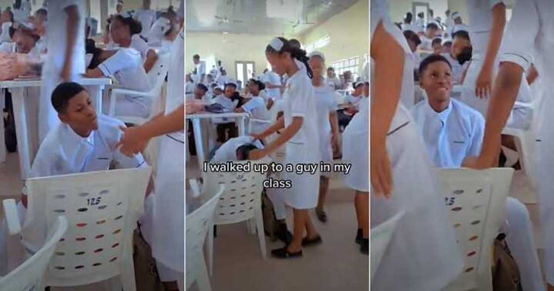 Girl passes note to lady in class, nursing student