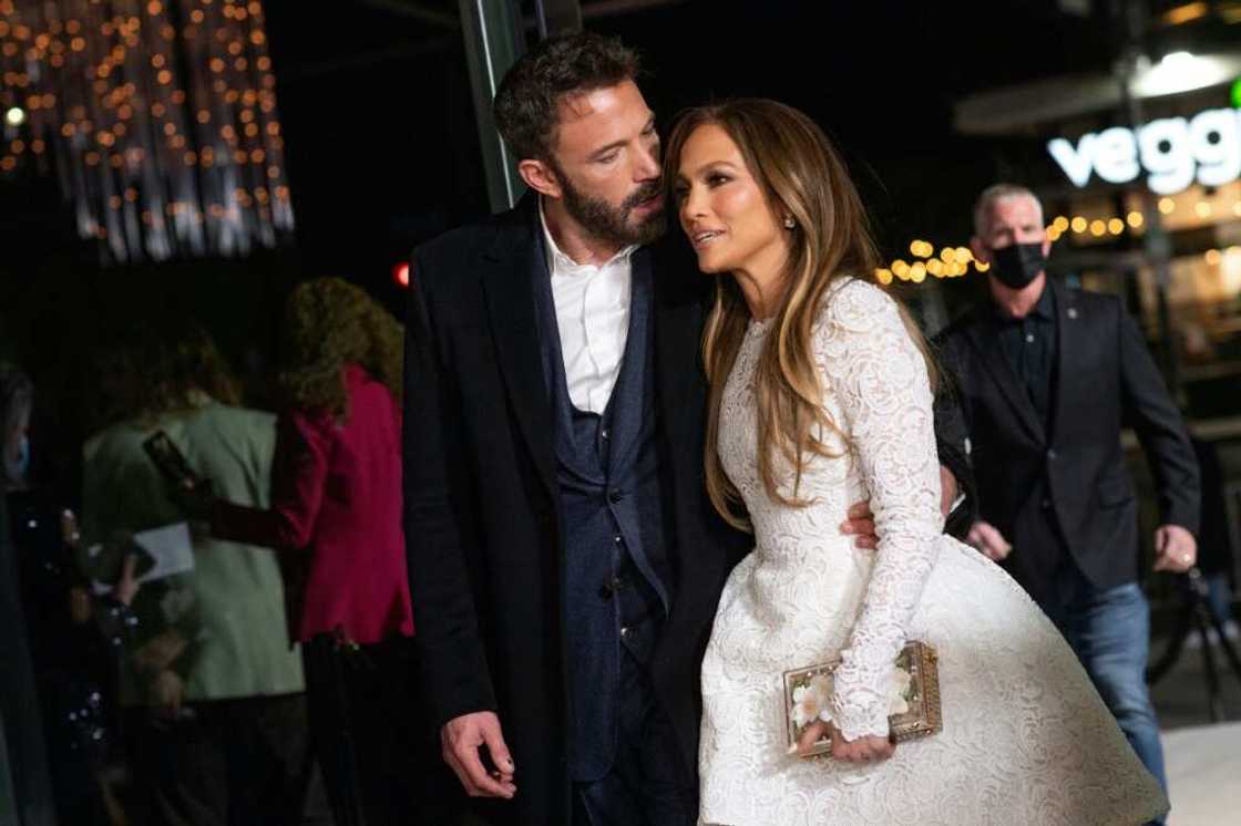 US actress Jennifer Lopez and actor Ben Affleck arrive for a special screening of the movie 'Marry Me' in Los Angeles in February 2022