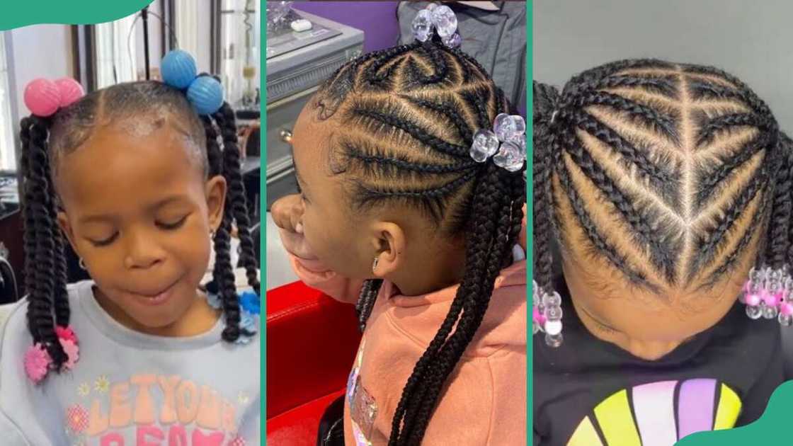 Girls with neat pigtails with beads Girls with neat pigtails with beads