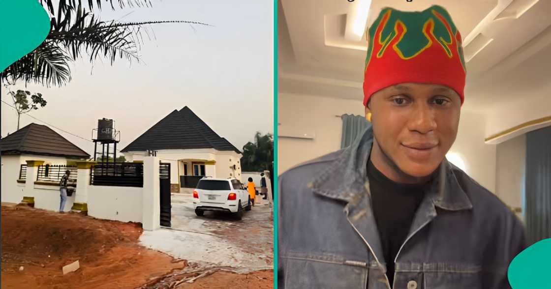 In a viral TikTok video, a Nigerian man shows off his newly completed bungalow and Benz.