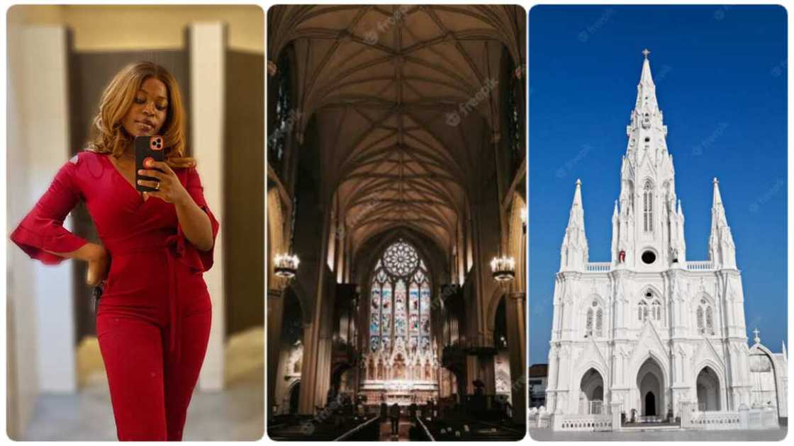 Photo of the lady and illustrative church buildings. Photo of the lady and illustrative church buildings.