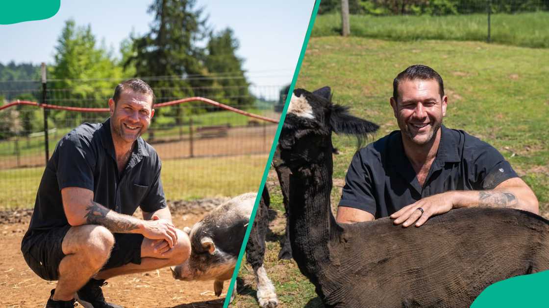 Lee Asher is seen posing and petting a pig and a llama